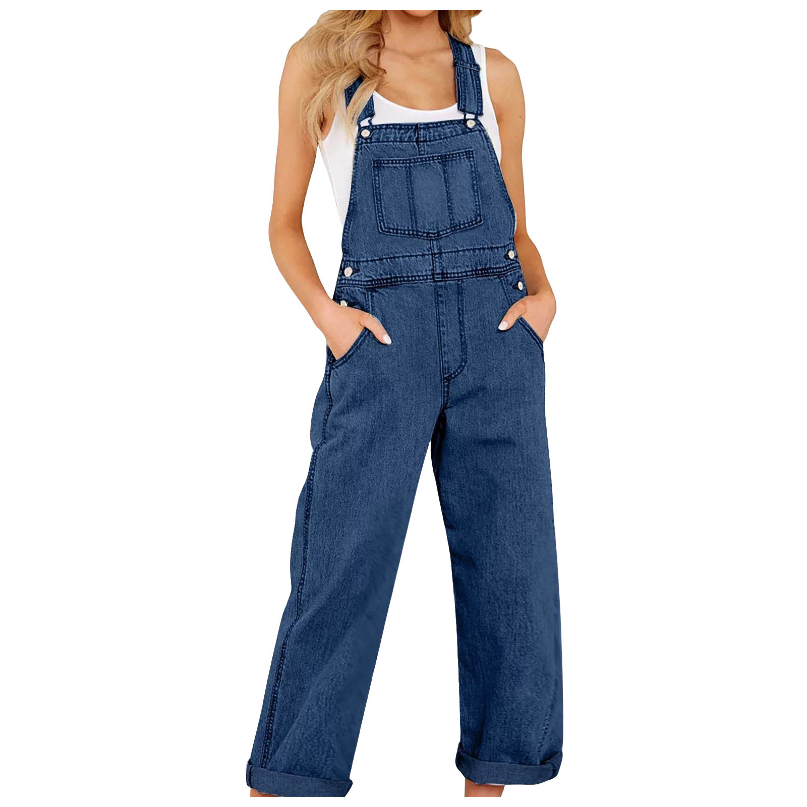 thumbnail image 2 of Mono informal de verano de denim para mujer con pierna recta - Poliéster, bolsillos, tirantes ajustables - S-XXL, 2 of 7